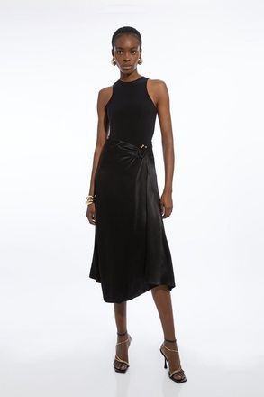 Karen Millen Petite Satin Back Crepe Asymmetric Waist Hardware Midaxi Skirt