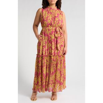 Melloday Floral Pliss&eacute; Maxi Dress in Magenta Gold Print at Nordstrom Rack, Size 1X