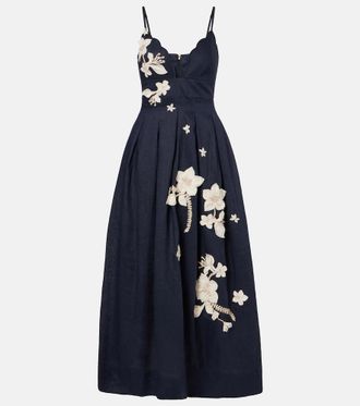 Agua Bendita Sula floral-appliqu&eacute; linen maxi dress