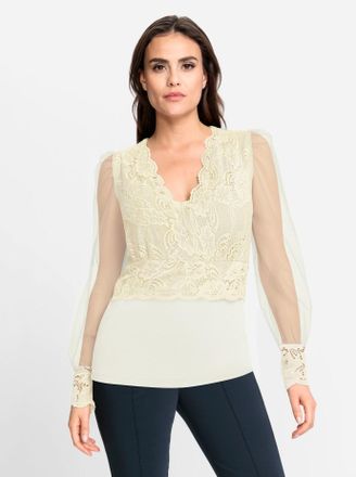 Heine Spitzenshirt HEINE Spitzen-Shirt, Damen, Gr. 36, beige (champagner), 95% Viskose, 5% Elasthan, unifarben, V-Ausschnitt, Shirts Spitzenshirt