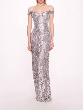 Marchesa Organic Neckline Sequin Gown In Silver