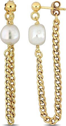 Mimi & Max 8-8.5mm Cultured Freshwater Pearl Earrings with Curb Chain in Yellow Gold Plated Sterling Silver