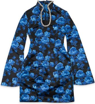 Richard Quinn Womens Pre-Loved Floral High Collar Day Mini Dress In Blue Black Floral