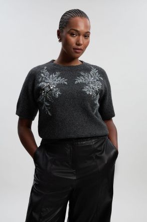 Karen Millen Womens Plus Size Archive Floral Embellished Cosy Wool Blend Top - Charcoal - Size X-Large