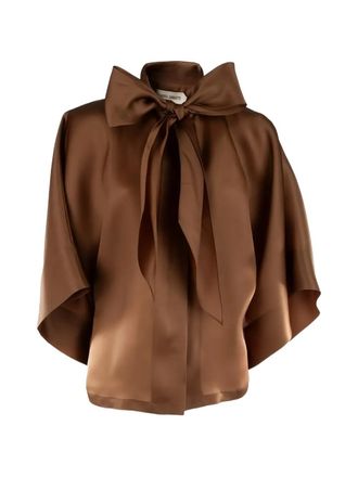 Alberta Ferretti Satin Brown Blouse with Oversized Bow Tie and Boxy Silhouette