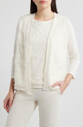 Anne Klein Kising Organza Appliqu&eacute; Cardigan in White Dove at Nordstrom, Size X-Small