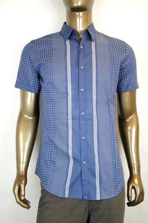 Gucci Mens Skinny Stripes Dots Blue Cotton Short Sleeve Shirt (G 38 / US 15)