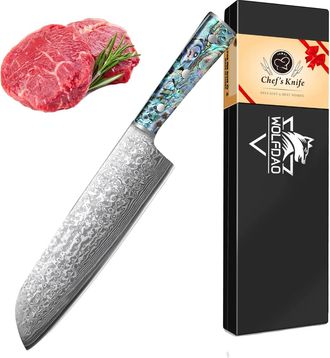 OEM Cuchillo Santoku, Hoja De Acero De Damasco, Mango De Concha De Abul&oacute;n, Multi