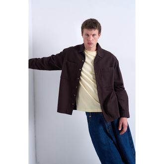 Topman Camp Collar Cotton Button-Up Overshir in Brown at Nordstrom, Size X-Large