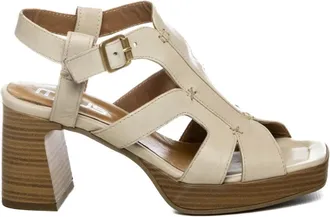 Mjus Schoenen, Dames, Beige, 39 EU, Leer, Sandaal met blokhak en kooiconstructie