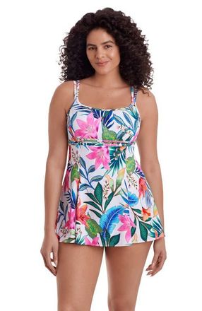 Longitude Empire Princess Seam Long Torso Swim Dress in Midnight White Plumeria at Nordstrom, Size 20