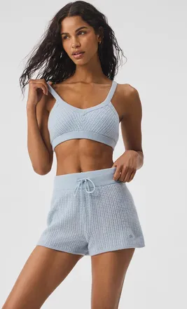 Alo | Cashmere Plush Waffle V-Neck Bra in Crystal Blue, Size: Medium