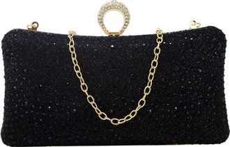 Generic Ladies Ring Top Clasp Lock Women Shinny Diamante Clutch Hand Bag Chian Strap Purse 819 (Black)