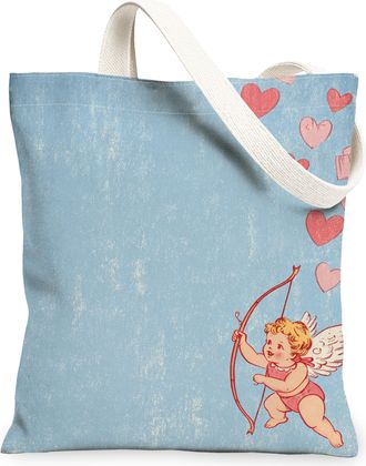 Generic ValentineS Day Vintage Hearts Canvas Tote Bag, Cute Love God Design Reusable Shopping Bags, Lightweight Washable Shoulder, Blue, 13x15 Inch