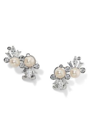 Nadri Undersea Cubic Zirconia and Imitation Pearl Climber Earrings in Rhodium at Nordstrom