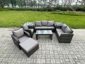Fimous Outdoor Rattan Garden Furniture Set Rattan Lounge Sofa Set with Rectangular Coffee Table 2 Side Tables Big Footstool Dark Grey Mixed