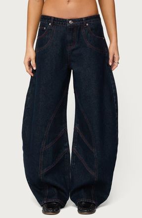 Edikted Double Pocket Low Rise Barrel Leg Jeans in Dark-Blue at Nordstrom, Size X-Large