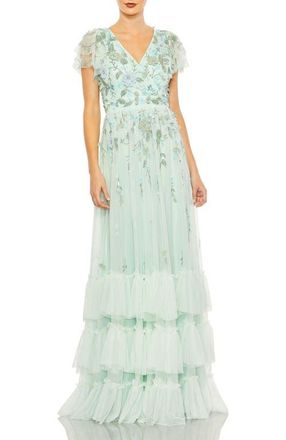 Mac Duggal Ruffle Tiered Embellished Faux Wrap Flutter Sleeve Gown in Seafoam at Nordstrom, Size 14