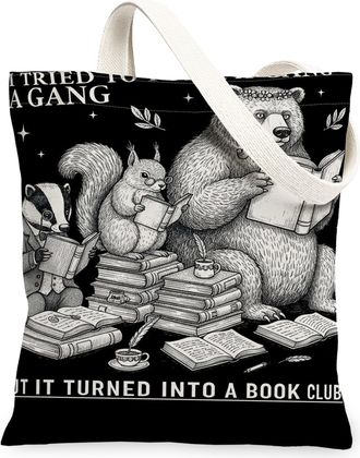 Generic Animal Canvas Tote Bags, Cute Wildlife Design Reusable Grocery Bags, Black Vintage Lightweight Washable Shoulder Strap Canv, Black, 13x15 Inch