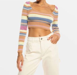 Roxy Sunshine Day Cropped Top Sweater In Camel Switchback Stripe