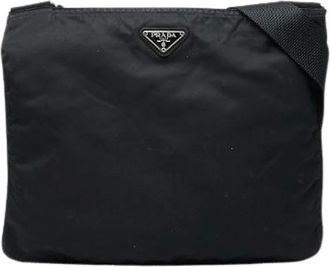 Prada Pre-owned Cross Body Bags, female, Black, Size: ONE SIZE Pre-owned Triangle Logo Plate Nylon Shoulder Bag