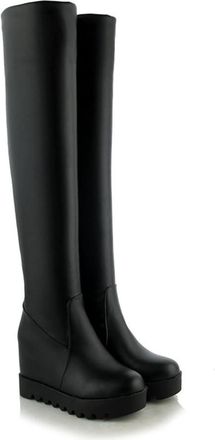 Generic Womens Platform Round Toe Over The Knee Boots Fashion Hidden Wedge Heel Dress Shoes Stretch Thigh High for Winter (Black,5.5)
