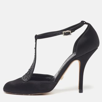 Gina Size 38.5 Black Satin Crystal Embellished T-Bar Pumps