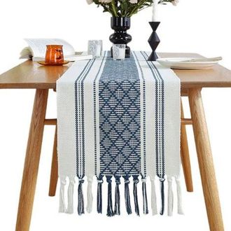 OEM Camino De Mesa Bohemio Con Borlas 35,5 X 229 Cm - Jinfgerne - Elegante Azul Marino Y Crema Para La Decoraci&oacute;n Del Hogar - Ideal Para Fiestas Y Regalos