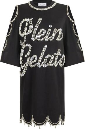 Philipp Plein Kleedjes, Dames, Zwart, XS, Katoen, Mini T-Shirt Jurk Crystal Waves