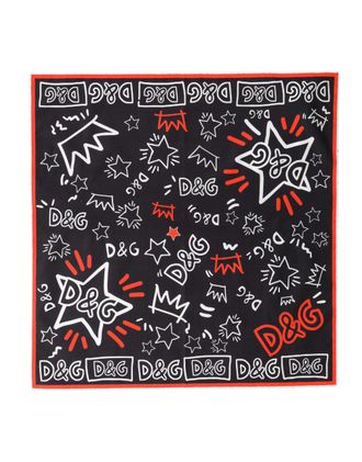 Dolce & Gabbana Black White Red DG Crown Cotton Foulard 47cm x 46cm Womens Scarf
