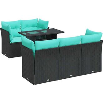 vidaXL 6 Piece Garden Sofa Set with Cushions Black Poly Rattan Acacia vidaXL