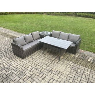 Fimous Rattan Garden Furniture Set with Oblong Rectangular Dining Table 4 Pieces Outdoor Lounge Sofa Set Dark Grey Mixed - Fimous
