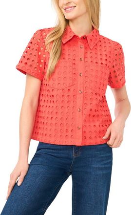 CeCe by Cynthia Steffe Cotton Eyelet Button-Up Shirt in Cayenne at Nordstrom, Size X-Small