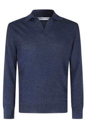Gran Sasso Blue Skipper Ribbed Trim Linen-Blend Sweater