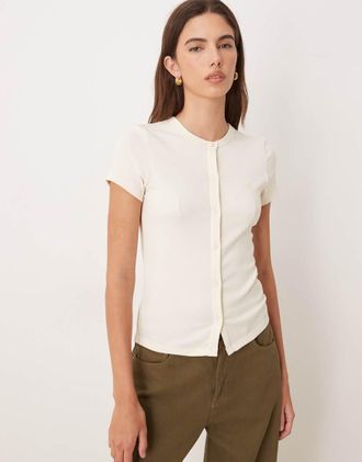 Calvin Klein Jeans Top color crema a coste con bottoni-Bianco