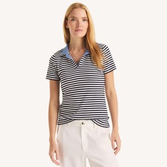Nautica Womens Double-Collar Striped Short-Sleeve Polo