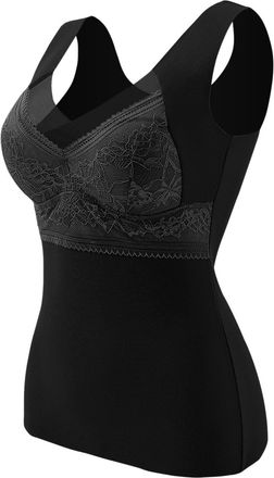 Generic 2025 Sleeveless Thermal Shirts for Women with Non Detachable Built in Bra V Neck Vest Fleece Lined Underwear Thermal Tank Tops Lace Underwear (Black, 
