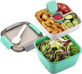 OEM Fiambrera A Prueba De Fugas - Incluye 1 Tenedor - 3 Compartimentos - Ideal Para La Escuela, El Trabajo, Viajes, Camping, Etc. - Verde - 1500 Ml