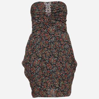 Sandro Black Floral Print Chiffon Ruched Mini Dress