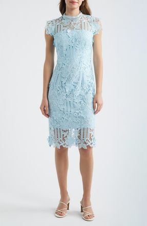 Eliza J Floral Appliqu&eacute; Lace Sheath Dress in Blue at Nordstrom, Size 14