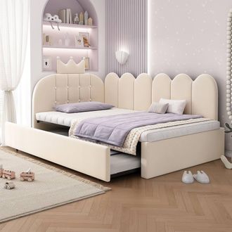 Matteo Crown Upholstered Daybed with Pull-Out Trundle Beige | Size: Single