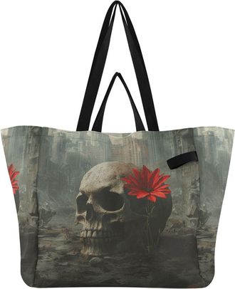 Generic Red Flower Skull Gray pattern Reusable Canvas Tote Bag, Heavy Duty Grocery Shopping Bag with Large Capacity Hard Bottom Double Handles Work Groceries 