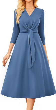 Grace Karin Womens Work Dress with Pockets Elegant A-Line 3/4 Sleeve Business Midi Dress Gray Blue S