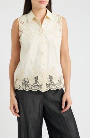 Elie Tahari The Ivy Lace Sleeveless Button-Up Shirt in Champagne at Nordstrom, Size X-Large