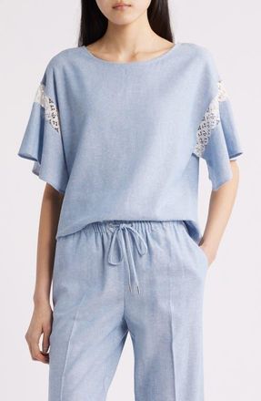 Anne Klein Lace Trim Flutter Sleeve Linen Blend Top in Lagoon/Crisp White at Nordstrom, Size Xx-Small