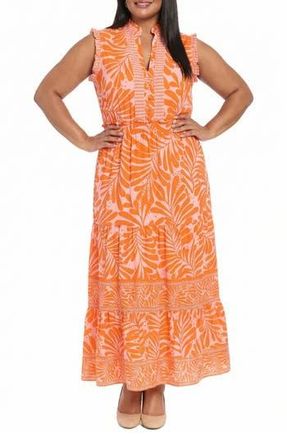 London Times Ruffle Sleeveless Tiered Maxi Dress in Pink/Coral at Nordstrom Rack, Size 22W