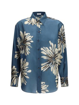 Brunello Cucinelli Womens Shirt Floral Silk Blue