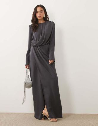 Asos Vestito lungo a maniche lunghe con spalline imbottite e vita drappeggiata grigio ardesia