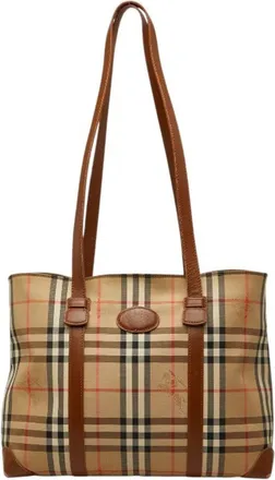 Burberry Beige Black Canvas Leather Pvc Shoulder Bag Tote Bag (Pre-Owned)