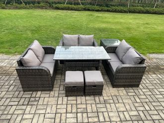 Fimous 8 Seater Outdoor Rattan Garden Furniture Set with Patio Rectangular Dining Table Love Sofa Side Table 2 Small Footstools Dark Grey Mixed
